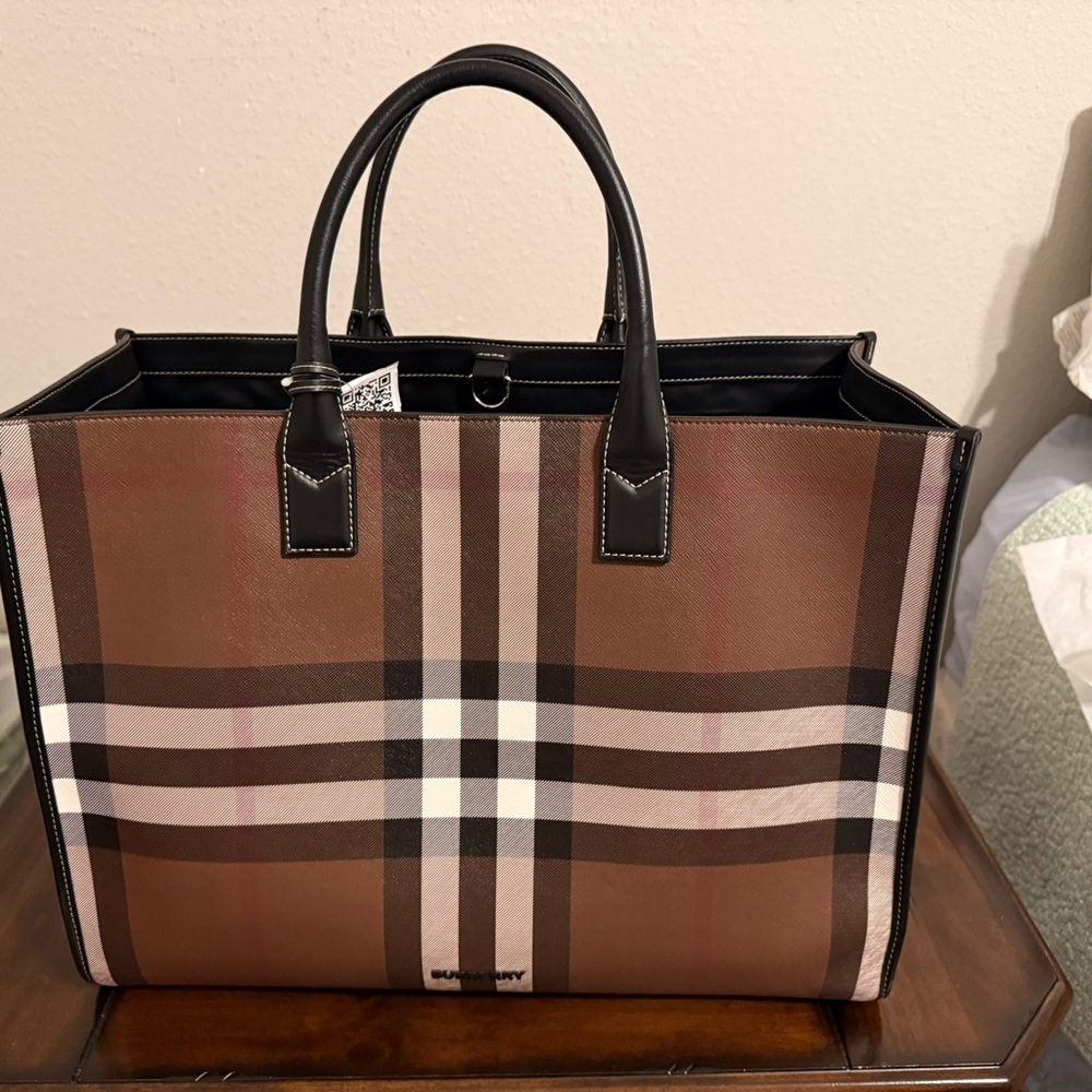 Burberry Brown Check Leather-Trim Tote - Picture 2 of 16